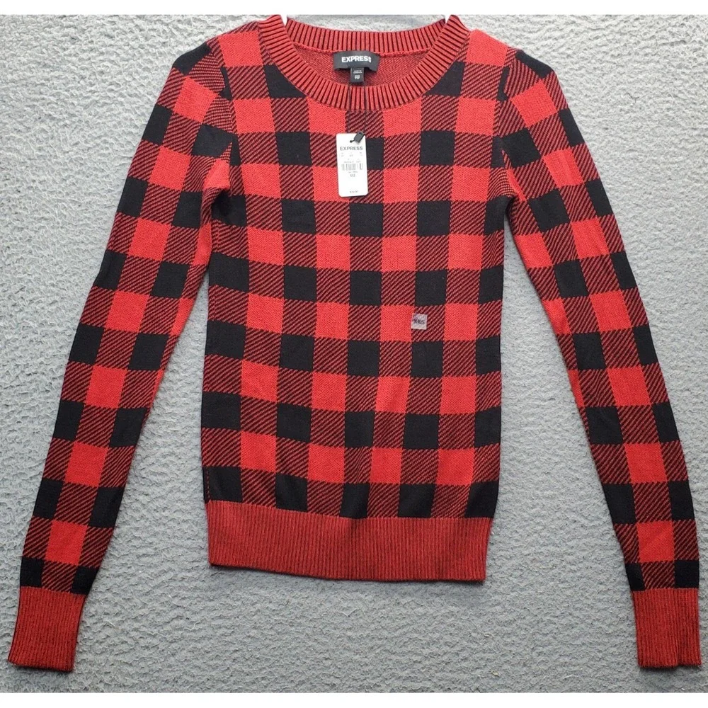 Express Sweater Women 2XS Multi Buffalo Plaid Ribbed Cuff/Hem Crew Neck Pullover